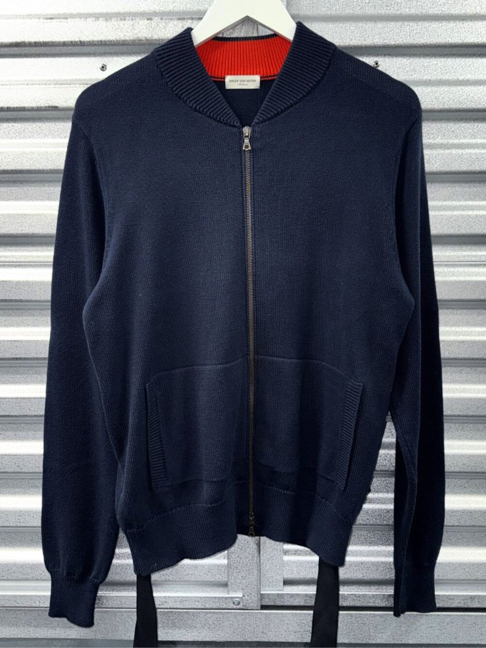 DRIES VAN NOTEN DARK NAVY BELTED ZIP CARDIGAN